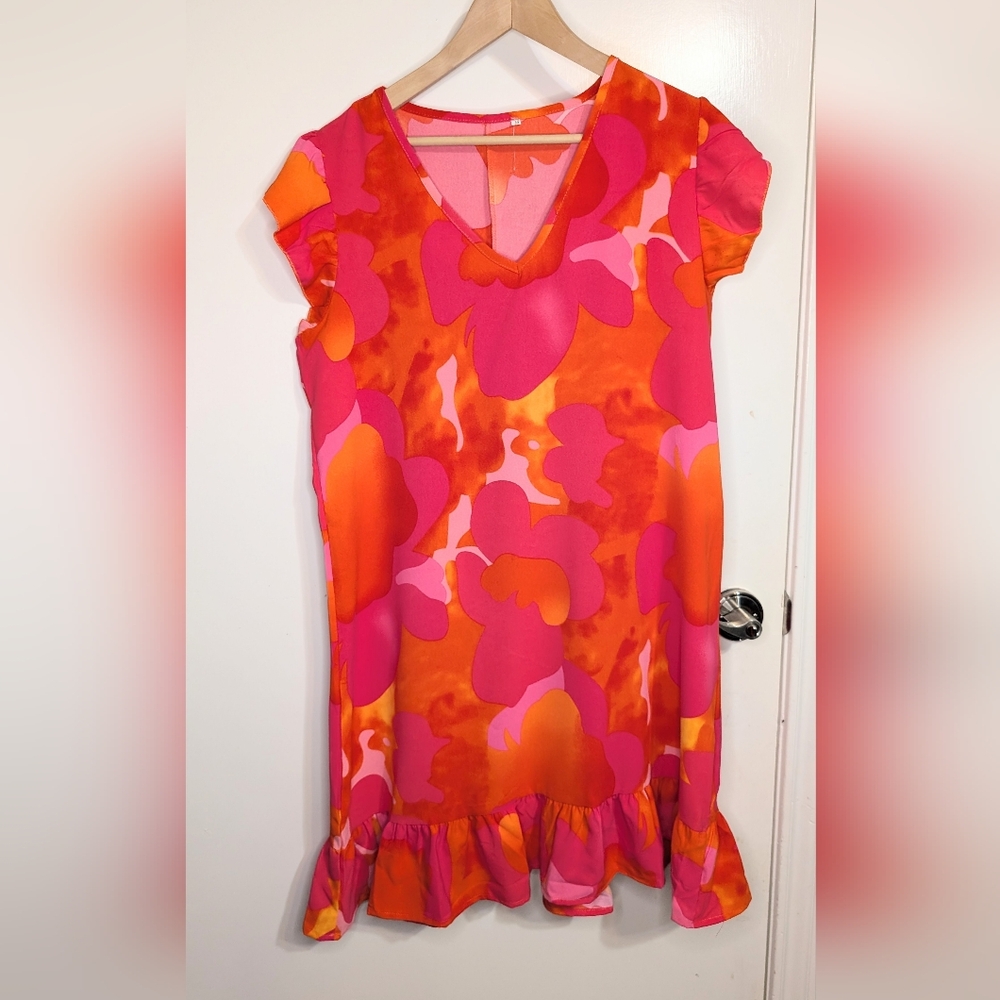 Pink Orange Abstract Print Ruffle Hem Shift Dress Size M
